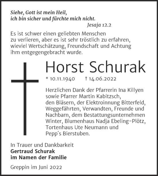 Traueranzeige von Horst Schurak von Trauerkombi Bitterfeld