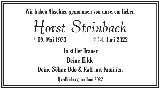 Traueranzeige von Horst Steinbach von Trauerkombi Quedlinburg