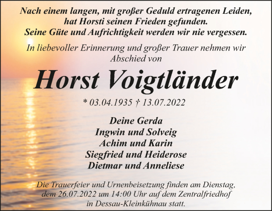 Traueranzeige von Horst Voigtländer von Trauerkombi Dessau