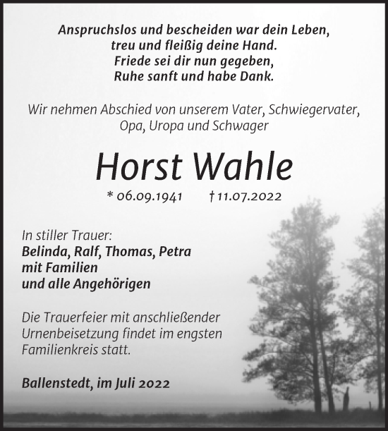 Traueranzeige von Horst Wahle von Super Sonntag Quedlingburg