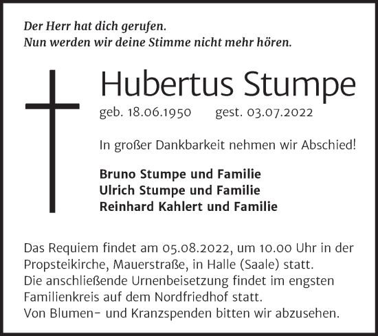 Traueranzeige von Hubemus Stumpe von Mitteldeutsche Zeitung Halle/Saalkreis