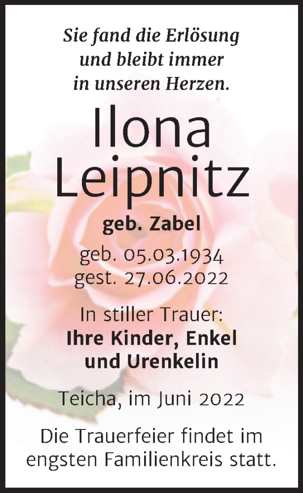  Traueranzeige für Ilona Leipnitz vom 02.07.2022 aus Mitteldeutsche Zeitung Halle/Saalkreis