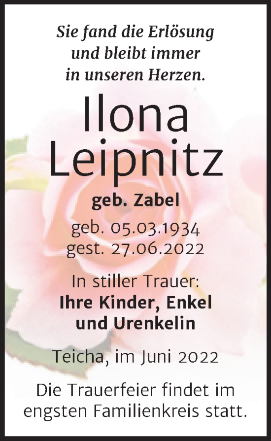 Traueranzeige von Ilona Leipnitz von Mitteldeutsche Zeitung Halle/Saalkreis