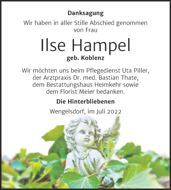 Traueranzeige von Ilse Hampel von Trauerkombi Weißenfels