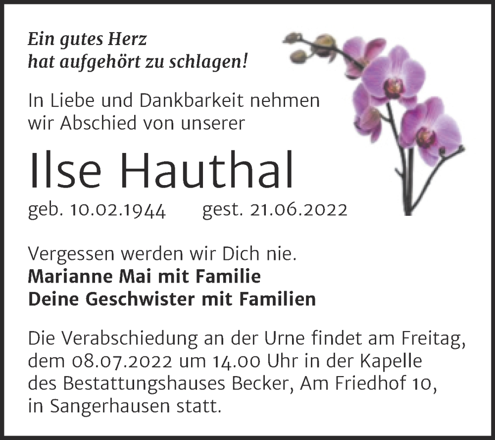  Traueranzeige für Ilse Hauthal vom 02.07.2022 aus Trauerkombi Sangerhausen