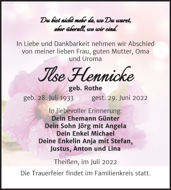 Traueranzeige von Ilse Hennicke von Trauerkombi Zeitz
