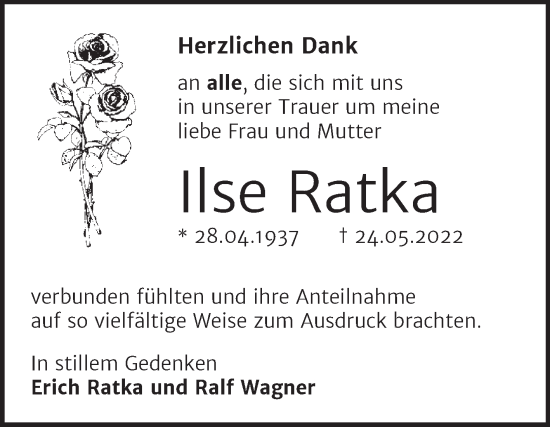 Traueranzeige von Ilse Ratka von Trauerkombi Bitterfeld