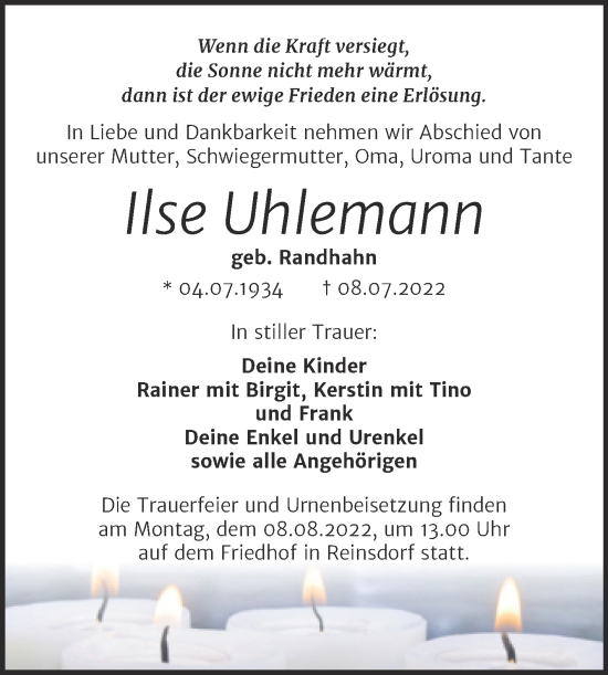 Traueranzeige von Ilse Uhlemann von Trauerkombi Köthen