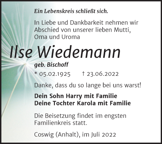 Traueranzeige von Ilse Wiedemann von Trauerkombi Wittenberg