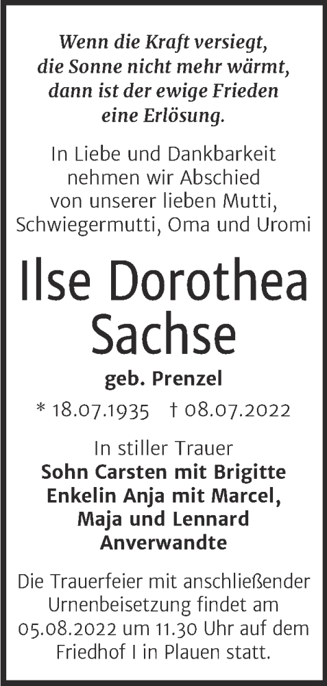 Traueranzeige von Ilse Dorothea Sachse von Trauerkombi Merseburg