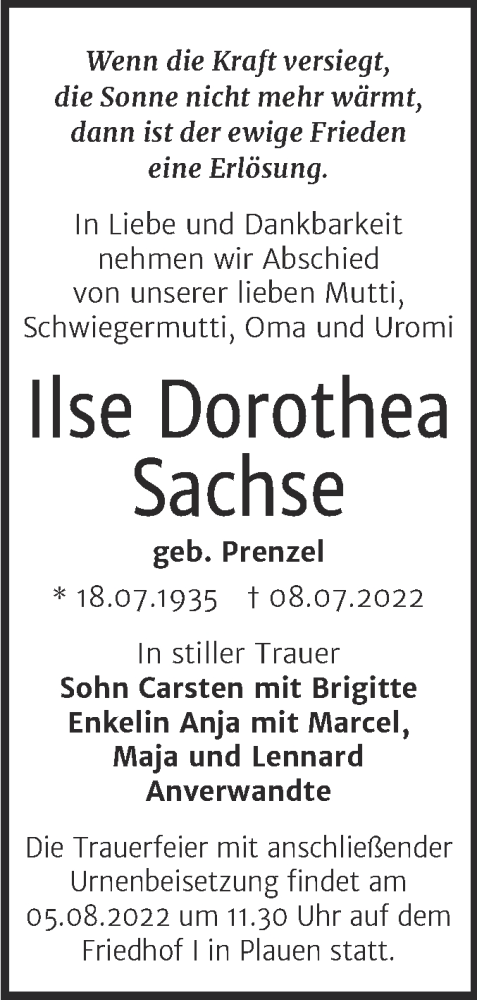  Traueranzeige für Ilse Dorothea Sachse vom 30.07.2022 aus Trauerkombi Merseburg