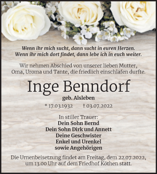 Traueranzeige von Inge Benndorf von Trauerkombi Köthen