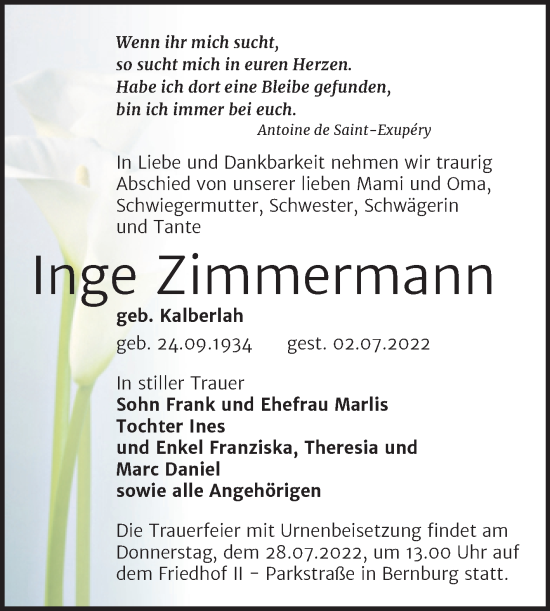 Traueranzeige von Inge Zimmermann von Trauerkombi Bernburg