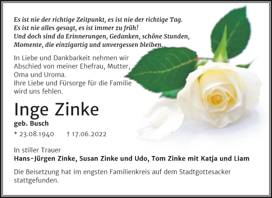Traueranzeige von Inge Zinke von Mitteldeutsche Zeitung Halle/Saalkreis