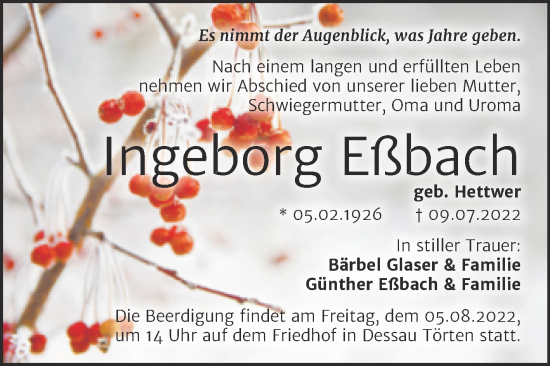 Traueranzeige von Ingeborg Eßbach von Trauerkombi Dessau
