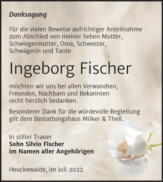 Traueranzeige von Ingeborg Fischer von Trauerkombi Zeitz