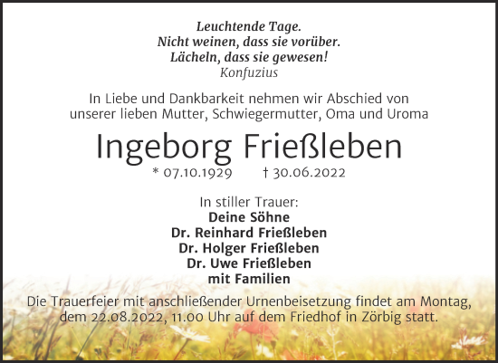Traueranzeige von Ingeborg Frießleben von Trauerkombi Bitterfeld