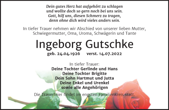 Traueranzeige von Ingeborg Gutschke von Trauerkombi Weißenfels