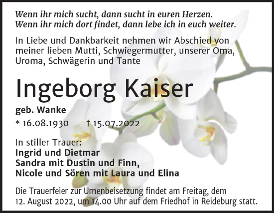 Traueranzeige von Ingeborg Kaiser von Mitteldeutsche Zeitung Halle/Saalkreis