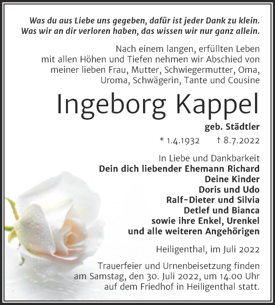 Traueranzeige von Ingeborg Kappel von Trauerkombi Mansfelder Land