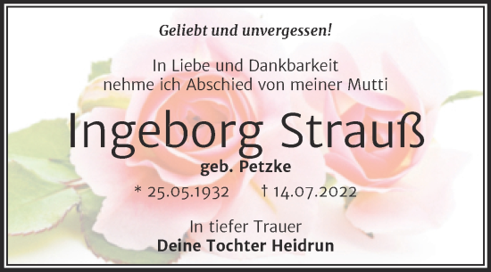 Traueranzeige von Ingeborg Strauß von Trauerkombi Dessau