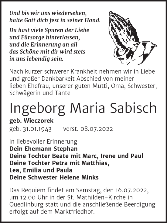 Traueranzeige von Ingeborg Maria Sabisch von Mitteldeutsche Zeitung Quedlingburg