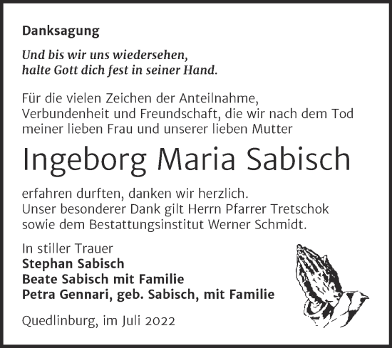 Traueranzeige von Ingeborg Maria Sabisch von Trauerkombi Quedlinburg