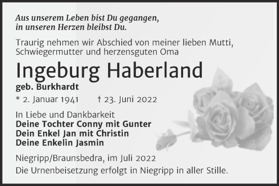 Traueranzeige von Ingeburg Haberland von Mitteldeutsche Zeitung Merseburg/Querfurt