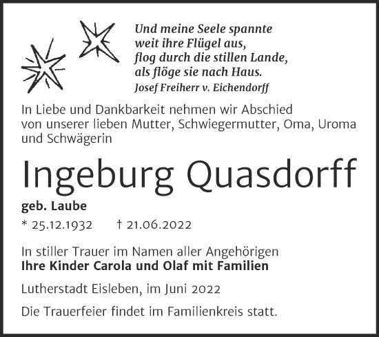 Traueranzeige von Ingeburg Quasdorff von Trauerkombi Mansfelder Land