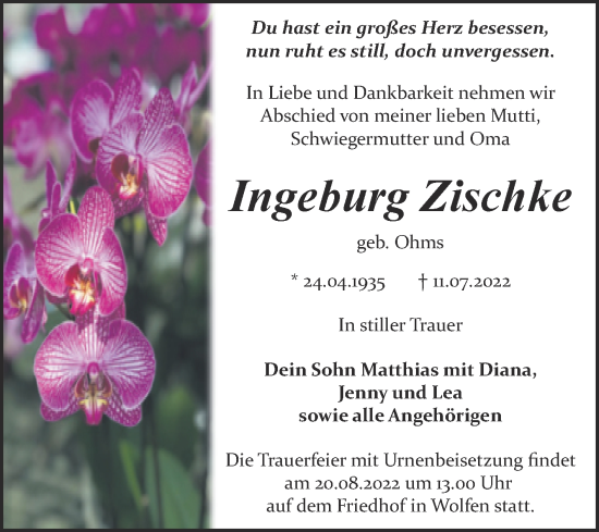 Traueranzeige von Ingeburg Zischke von Trauerkombi Bitterfeld