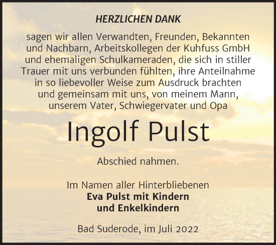 Traueranzeige von Ingolf Pulst von Trauerkombi Quedlinburg