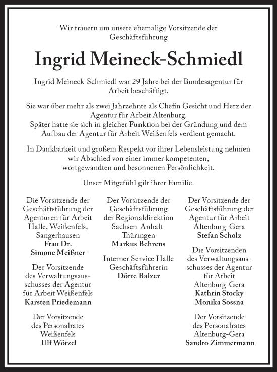 Traueranzeige von Ingrid Meineck-Schmiedl von Naumburger Tageblatt