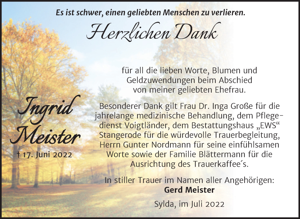  Traueranzeige für Ingrid Meister vom 09.07.2022 aus Trauerkombi Mansfelder Land