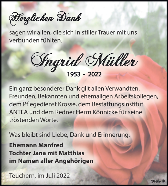 Traueranzeige von Ingrid Müller von Trauerkombi Weißenfels