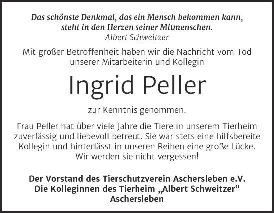 Traueranzeige von Ingrid Peller von Super Sonntag Aschersleben