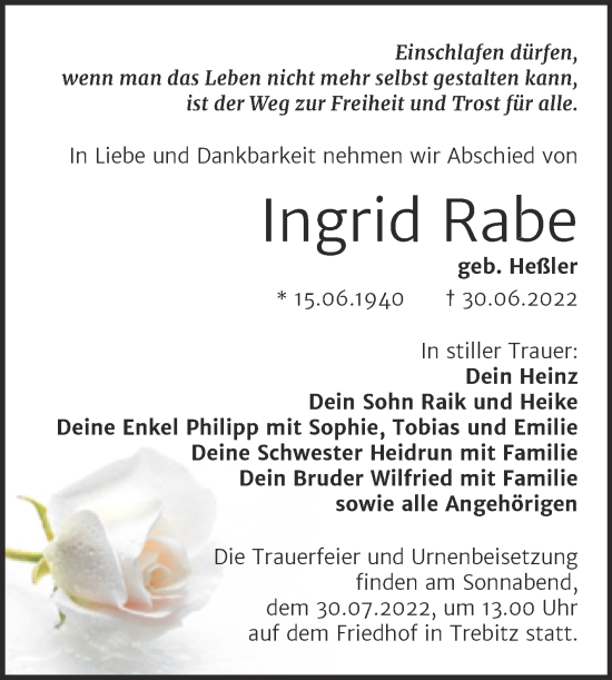 Traueranzeige von Ingrid Rabe von Trauerkombi Wittenberg