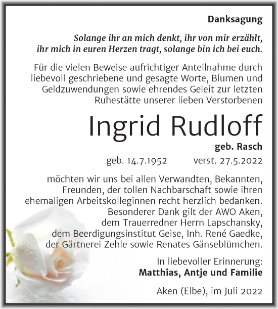 Traueranzeige von Ingrid Rudloff von Trauerkombi Köthen