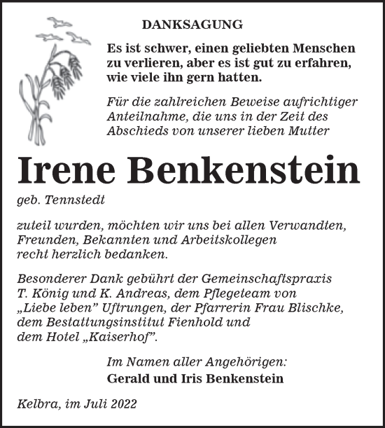 Traueranzeige von Irene Benkenstein von Mitteldeutsche Zeitung Sangerhausen