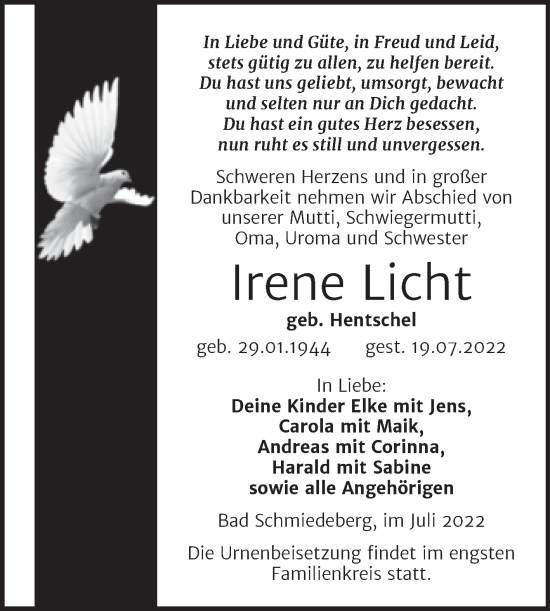 Traueranzeige von Irene Licht von Trauerkombi Wittenberg