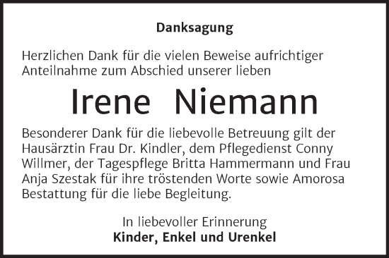 Traueranzeige von Irene Niemann von Trauerkombi Dessau
