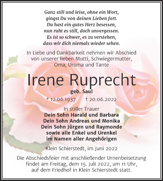 Traueranzeige von Irene Ruprecht von Trauerkombi Aschersleben