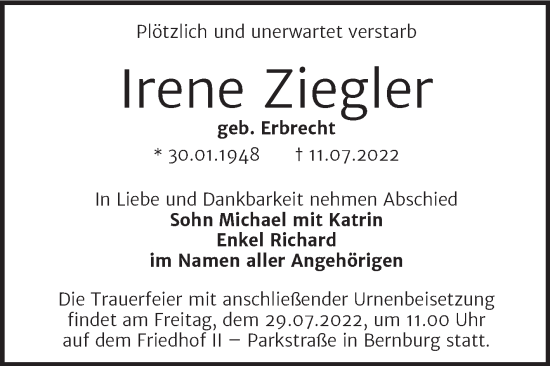 Traueranzeige von Irene Ziegler von Trauerkombi Bernburg