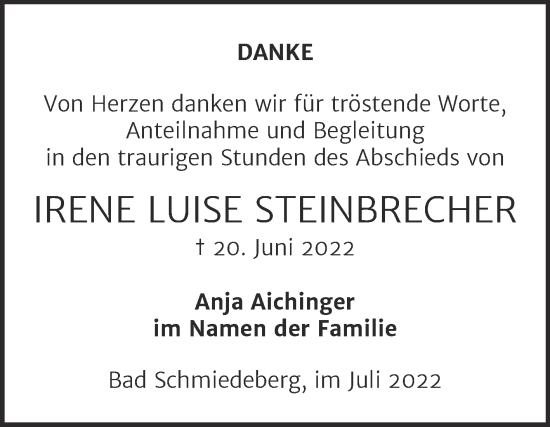 Traueranzeige von Irene Luise Steinbrecher von Trauerkombi Wittenberg