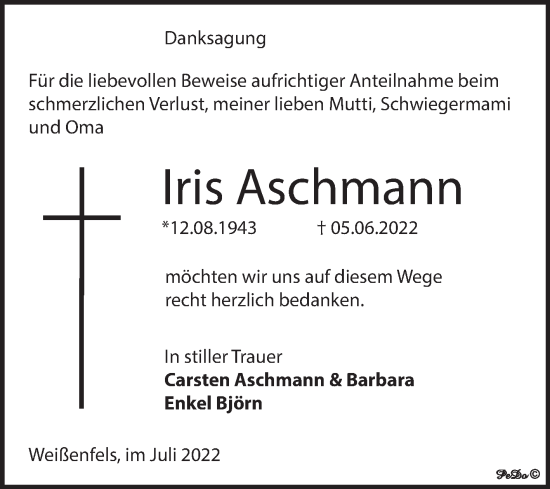 Traueranzeige von Iris Aschmann von Trauerkombi Weißenfels
