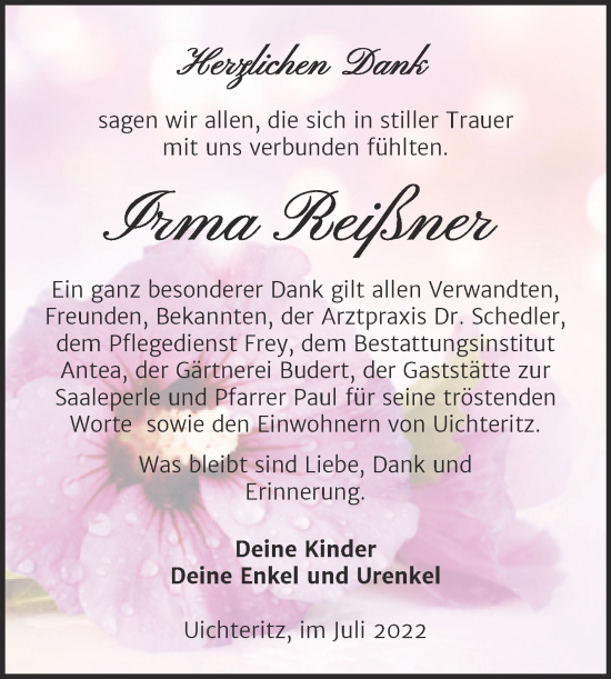 Traueranzeige von Irma Reißner von Trauerkombi Weißenfels