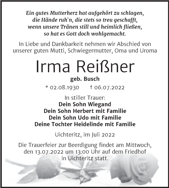 Traueranzeige von Irma Reißner von Mitteldeutsche Zeitung Weißenfels