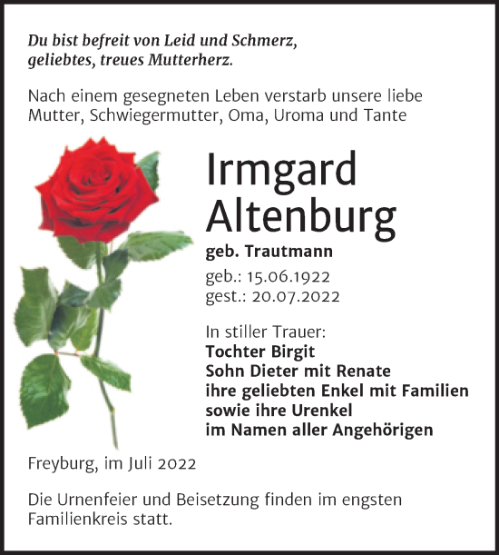 Traueranzeige von Irmgard Altenburg von Wochenspiegel Naumburg/Nebra