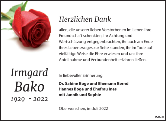 Traueranzeige von Irmgard Bako von Trauerkombi Weißenfels