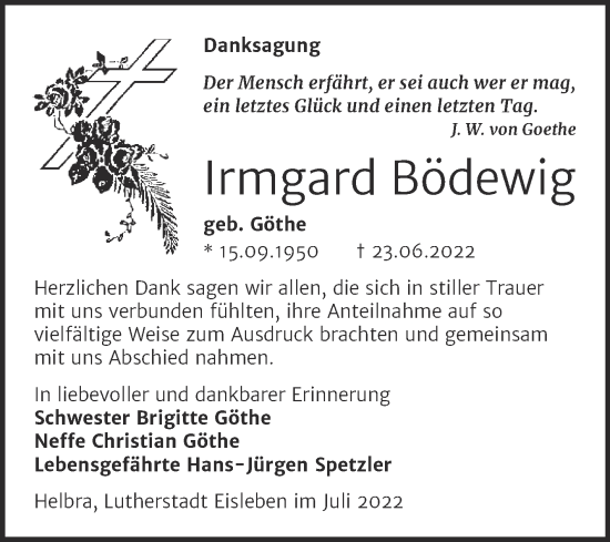 Traueranzeige von Irmgard Bödewig von Trauerkombi Mansfelder Land