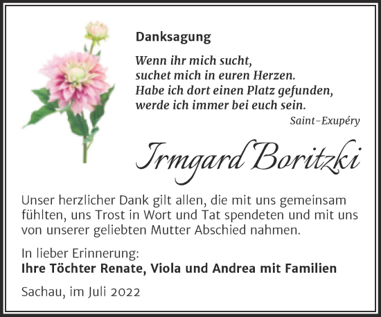 Traueranzeige von Irmgard Boritzki von Trauerkombi Wittenberg